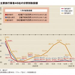 主要旅行業者の1月取扱額87％減、GoTo停止続き前月から約20pt悪化