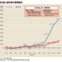 12月の百貨店外客売上高6倍　19年7割水準に回復　単価減少も客数急伸