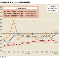 主要旅行業者の12月取扱額、海外の回復逆戻り　国内・訪日は9割台に